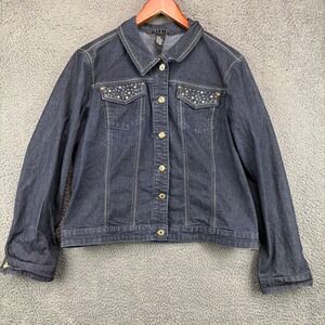 Baccini Womens XL Dark Wash Rhinestone Embellished Denim Jacket Indigo Stretch